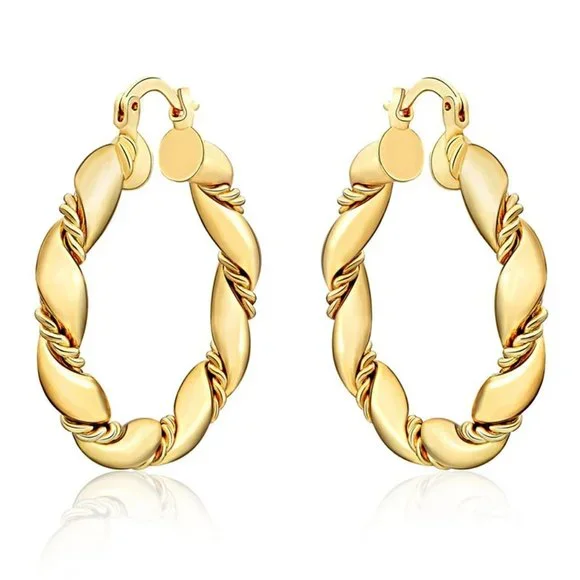 Stunning Rope Design 18k. Gold Over Sterling Silver 35mm Round Hoop Earrings - Picture 3 of 4
